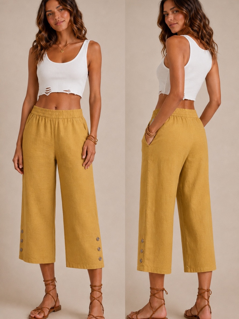Elastic-Waist Wide-Leg Cropped Pants in Mustard